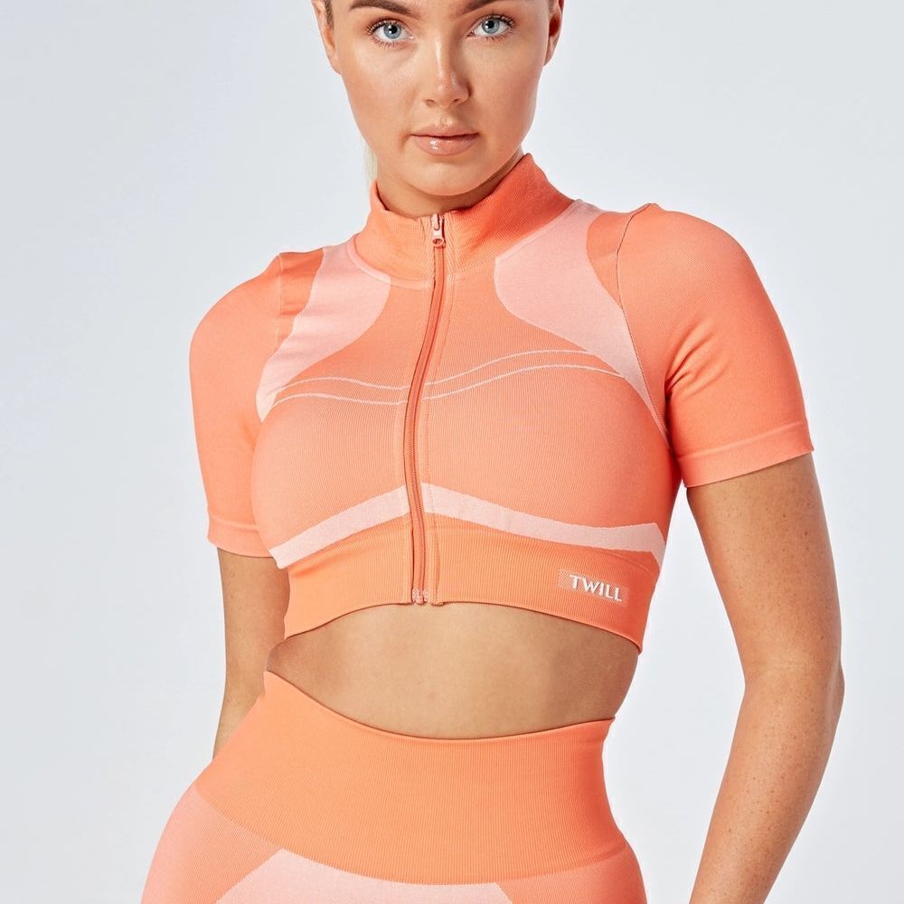Twill Active Recycled Colour Block Zip-up Crop Top- Coral